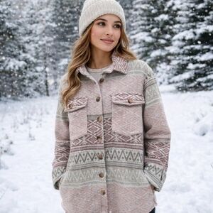 Papillon Tribal Aztec Printed Shacket Jacket Boho Western Cozy Button Front